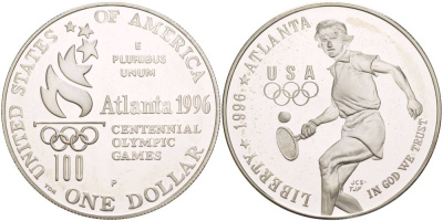 США 1 доллар 1996 Р, XXVI Олимпийские игры в Атланте, большой теннис KM 269 серебро PROOF 1081-6-14