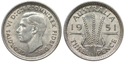Австралия 3 пенса 1951 PL, Георг VI (1937-1952) KM 44 серебро 71-156
