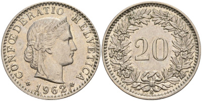 Швейцария 20 раппенов 1962 B KM 29a медно-никель 4606-755