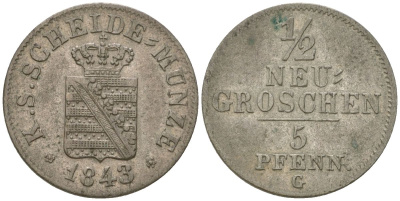 Саксония 1/2 новых гроша = 5 пфеннигов 1843 G, Фридрих Август II (1836-1854) KM 1158 серебро 4547-227