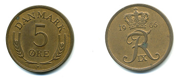 ДАНИЯ 5 ЭРЕ 1966 C; S, ФРЕДЕРИК IX (1947-1972) KM 848.1 бронза 71-1627