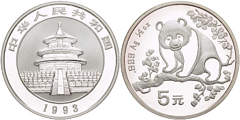Китай 5 юаней 1993 панда KM 483 серебро BUNC 1068-6-24