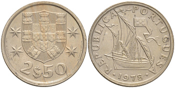 ПОРТУГАЛИЯ 2,5 ЭСКУДО 1978 ПАРУСНИК KM 590 медно-никель 192-813