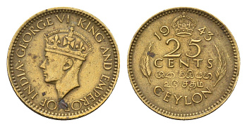 Цейлон 25 центов 1943 Георг VI (1936-1952), год-тип KM 115 никель латунь 26-768