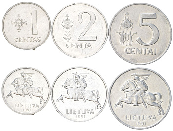 Литва набор из 3 монет (1, 2 и 5 центов) 1991 KM 85, 86 и 87 алюминий UNC 4624-641-643