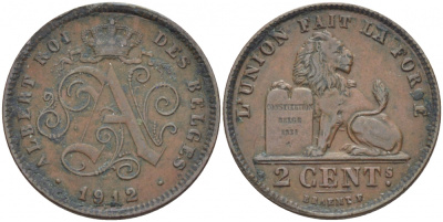 БЕЛЬГИЯ 2 САНТИМА 1912 BELGES KM 64 медь 110-213