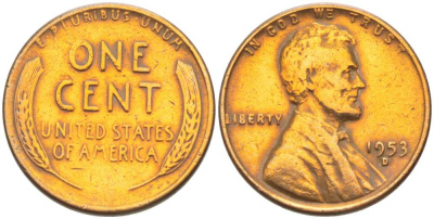 США 1 ЦЕНТ 1953 D, ЛИНКОЛЬН KM А132 медь цинк 218-628