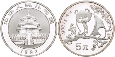 Китай 5 юаней 1993 панда KM 483 серебро BUNC 1068-6-24