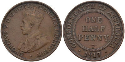 АВСТРАЛИЯ 1/2 ПЕННИ 1917 ГЕОРГ V KM 22 бронза 67-1213