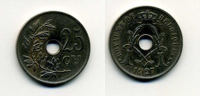 БЕЛЬГИЯ 25 САНТИМОВ 1927 BELGIQUE KM 68.1 медно-никель 37-1247