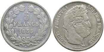 Франция 5 франков 1835 I, Луи Филипп I (1830-1848) KM 749.6 серебро 4386-215