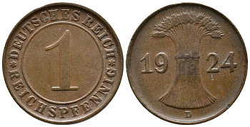 ГЕРМАНИЯ 1 РЕЙХСПФЕННИГ 1924 D KM 37, J. 313 бронза 39-846