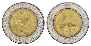 Сан-Марино 500 лир 1994 KM 314 биметалл UNC 4648-347