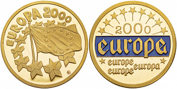 ЕВРОПА МЕДАЛЬ 2000 ЭКЮ, ЕВРОПА, ДИАМЕТР 30 ММ., ВЕС 12,3 ГР., ЭМАЛЬ медно-никель PROOF 1088-6-61