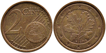 ГЕРМАНИЯ 2 ЕВРОЦЕНТА 2002 F KM 208 сталь плакированная медью 4387-1232