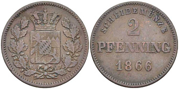 Бавария 2 пфеннига 1866 Людвиг II (1864-1886) KM 478 медь 202-247