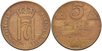 Норвегия 5 эре 1922 Хокон VII (1905-1957) KM 368 бронза 4607-1124