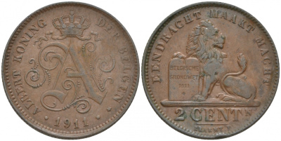 БЕЛЬГИЯ 2 САНТИМА 1911 BELGEN, LARGE DATE KM 65 медь 68-725