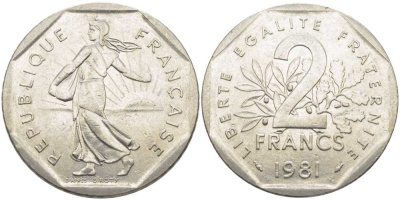 ФРАНЦИЯ 2 ФРАНКА 1981 СЕЯТЕЛЬ KM 942.1, LE FRANC 272.5 никель 111-1115