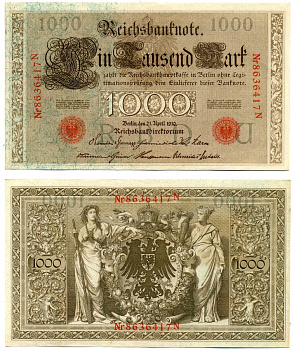 Германия 1000 Марок 1910 21 апреля 1910, Буква U, номер семизначный, серия N, Выпуск (10.1922) Pick 44b, Розенберг 45с бумага 8618-25-1-2