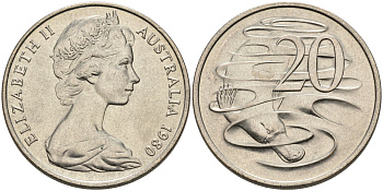 АВСТРАЛИЯ 20 ЦЕНТОВ 1980 ЕЛИЗАВЕТА II, МОЛОДОЙ ПОРТРЕТ, УТКОНОС KM 66 медно-никель UNC 4565-825