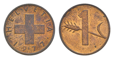 Швейцария 1 раппен 1977 KM 46 бронза UNC 3458-669