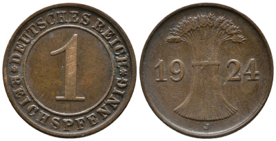 ГЕРМАНИЯ 1 РЕЙХСПФЕННИГ 1924 J KM 37, J. 313 бронза 39-842