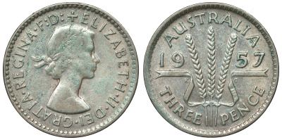 Австралия 3 пенса 1957 m, Елизавета II (1952-2022) KM 57 серебро 71-515
