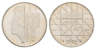 Нидерланды 2 1/2 гульдена 1999 Беатрикс (1980-2013), редкий год KM 206 никель UNC 4367-742