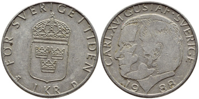Швеция 1 крона 1988 Карл XVI Густав (1973- ) KM 852a медно-никель 4397-1216