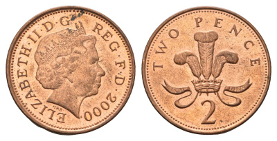 Великобритания 2 пенса 2000 Елизавета II (1952-2022) KM 987, Spink 4690 (C5) сталь плакированная медью UNC 4637-1246
