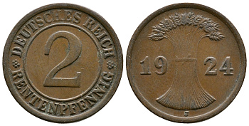 ГЕРМАНИЯ 2 РЕНТЕНПФЕННИГА 1924 J KM 31, J.307 бронза 93-323