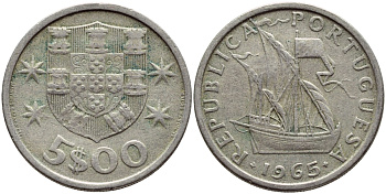 ПОРТУГАЛИЯ 5 ЭСКУДО 1965 ПАРУСНИК KM 591 медно-никель 4395-852