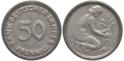 ФРГ 50 пфеннигов 1949 J KM 104, Jager 379 медно-никель 4547-734