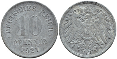 ГЕРМАНИЯ 10 ПФЕННИГОВ 1921 KM 26, J. 299 цинк 4395-1247