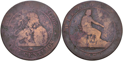 Испания 10 сентимо 1870 ОМ, лев со щитом KM 663 (Y54) медь 4149-344