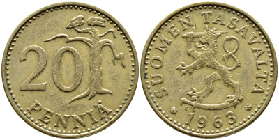 ФИНЛЯНДИЯ 20 ПЕННИ 1963 S KM 47 алюминиевая бронза 4364-4427