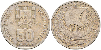 Португалия 50 эскудо 1988 парусник KM 636 медно-никель 221-433