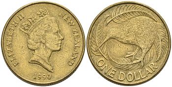 Новая Зеландия 1 доллар 1990 Елизавета II (1952-2022), птица киви KM 78 алюминиевая бронза 29-336