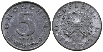 АВСТРИЯ 5 ГРОШЕЙ 1972 KM 2875 цинк 57-551