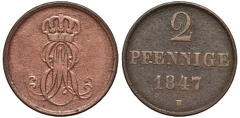 Ганновер 2 пфеннига 1847 B, Эрнст Август (1837-1851) KM 202.1, AKS 124, J. 75 медь 75-1843