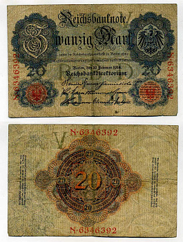 ГЕРМАНИЯ 20 МАРОК 1914 СЕМЬ ЦИФР В НОМЕРЕ Pick 46b бумага 6293-55-3