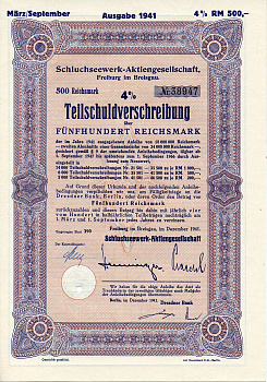 Германия 500 рейхсмарок 1941 АО Schluchseewerk (оператор 5 ГЭС), Фрайбург-им-Брайсгау, 4% -ное частичное обязательство   бумага   8804-81-1