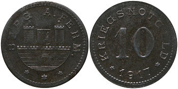 Замок Бург-ауф-Фемарн (Пруссия, Шлезвиг-Гольштейн) 10 пфенингов 1917 Funck 66.2, Men05 4040.3, Men18 5128.3 железо 4163-652