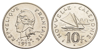 Французская Новая Каледония 10 франков 1972 лодка KM 11 никель UNC 4641-152