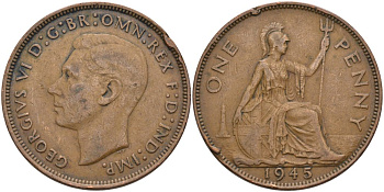 Великобритания 1 пенни 1945 Георг VI (1936-1952) KM 845, Spink 4114 бронза 4574-133