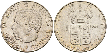 Швеция 1 крона 1966 U, Густав VI Адольф (1950-1973) KM 826 серебро 4582-434