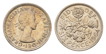 Великобритания 6 пенсов 1964 Елизавета II (1952-2022) KM 903, Spink 4149 медно-никель 4696-831