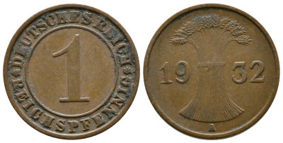 ГЕРМАНИЯ 1 РЕЙХСПФЕННИГ 1932 A KM 37, J. 313 бронза 4380-1224