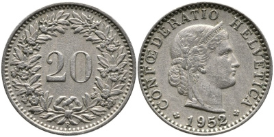 ШВЕЙЦАРИЯ 20 РАППЕНОВ 1952 В KM 29а медно-никель 4539-552